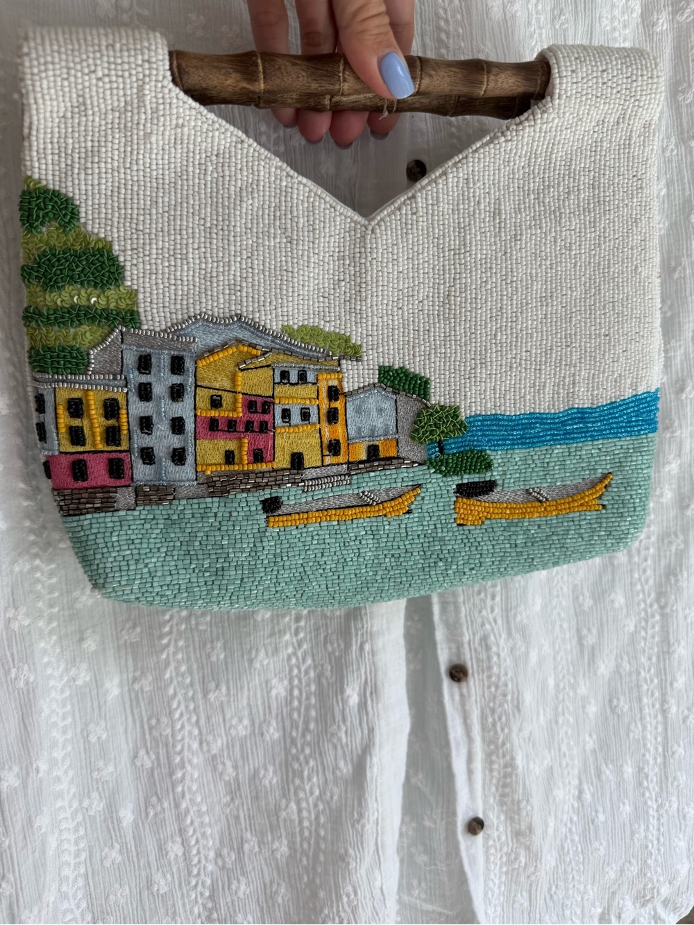 Viral Portofino Italy Handcrafted Beaded Bag Bamboo Handle Clutch - Picture 2 of 10